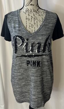 Victoria’s Secret PINK Sequin Bling Logo Short Sleeve T-Shirt Black/Gray Small
